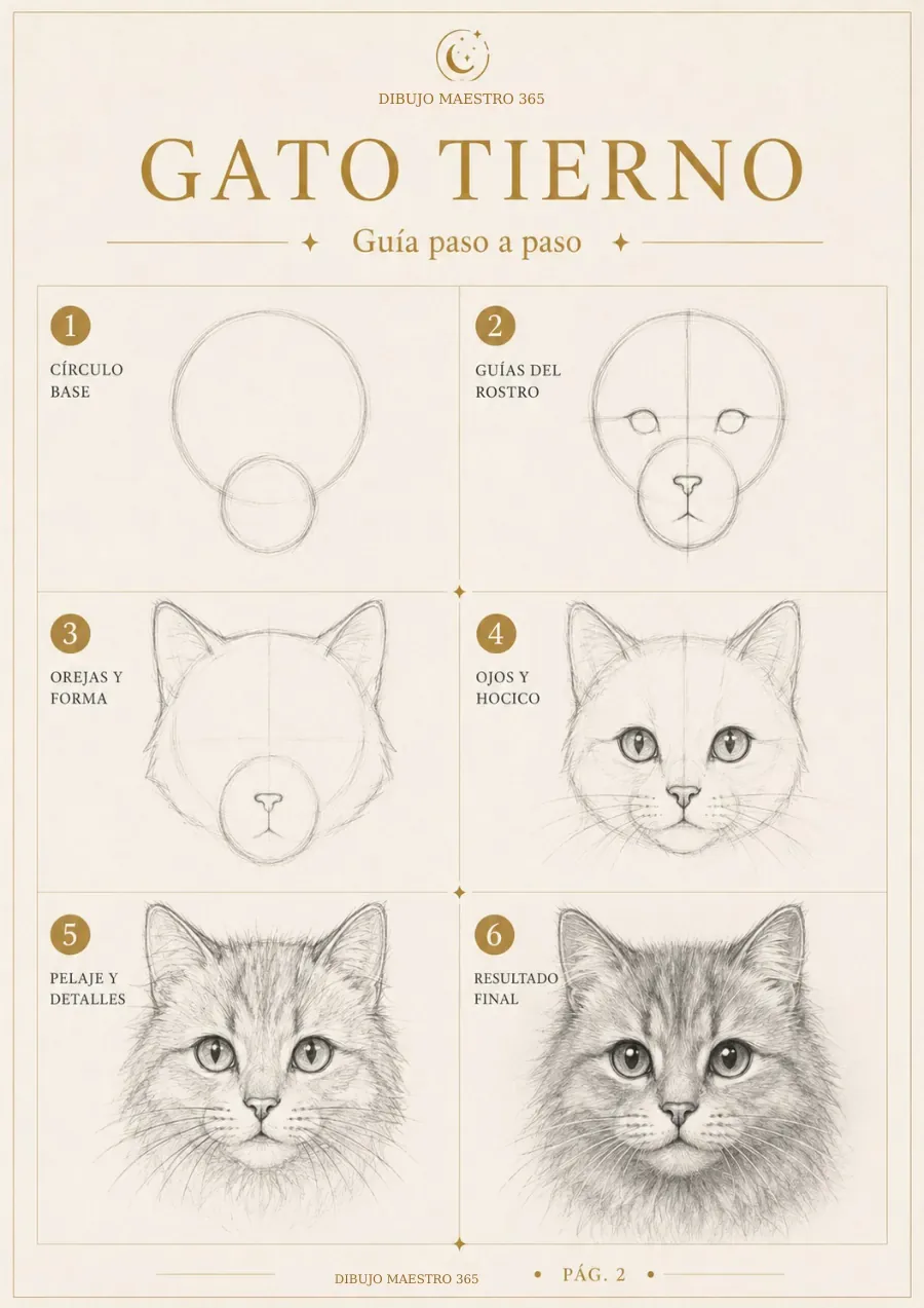 Página real del PDF: gato tierno desde las formas básicas hasta el resultado final.