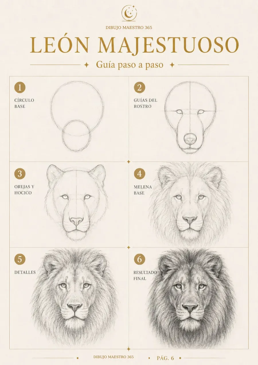 Página real del PDF: dibujo de un león paso a paso.