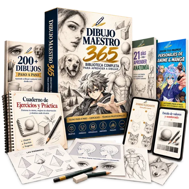 Paquete completo Dibujo Maestro 365 con biblioteca, cuaderno y ejemplos de dibujo